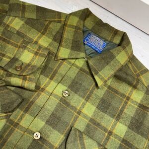 VTG 60s 70s Pendleton Board Shirt Green Plaid Wool Loop Collar Flap Pocket EUC